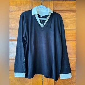 Chico's Black V-Neck Sweater with Cream Collar